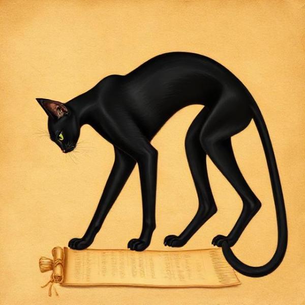 Восточный чёрный кот удивлённо разглядывает свиток, живопись | Deity*RU