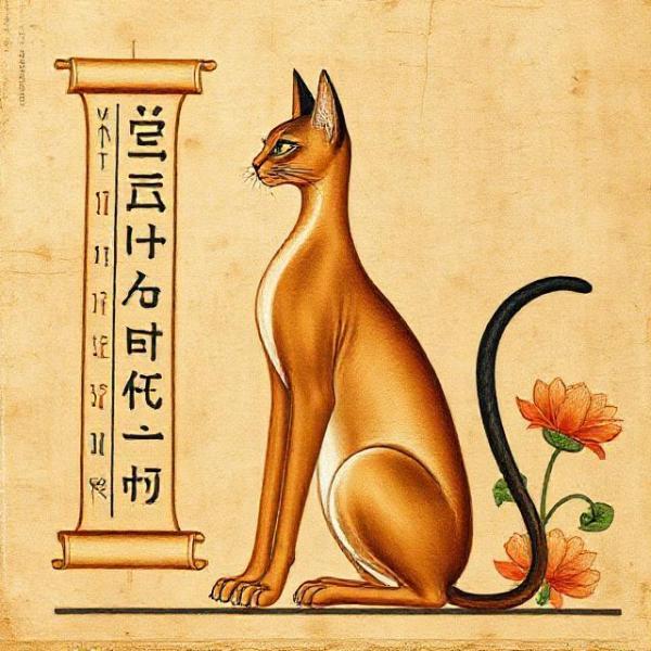 Изящная восточная кошка у свитка папируса, древнеегипетская фреска | Deity*RU